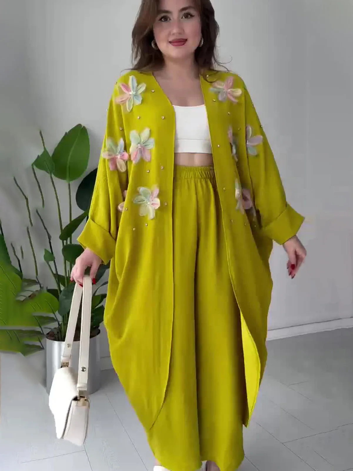 Eid Muslim Women Two Piece Sets Musulman Ensemble Split Blouses Wide Leg Pants Suits Casual Arab Morocco Dubai 2024 Outfit