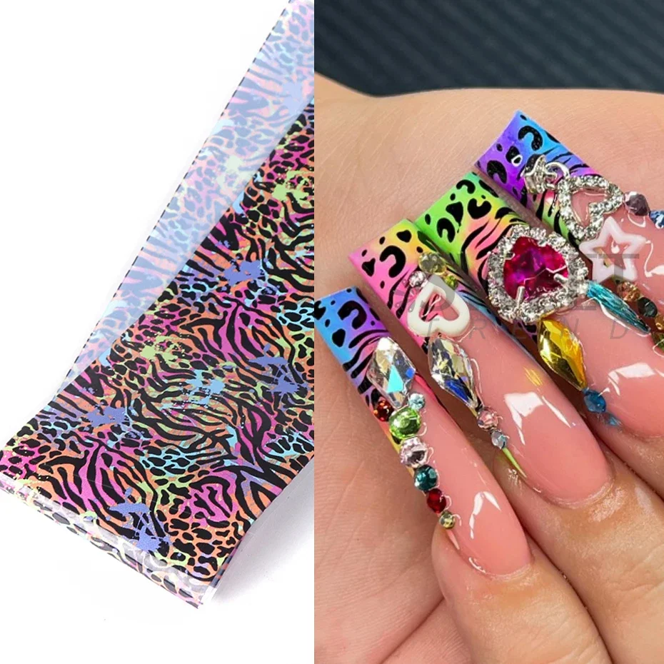 10 pçs colorido leopardo impressão folha de transferência de unhas pele de tigre zebra animal selvagem listra céu estrelado papel inverno estilo sexy manicure