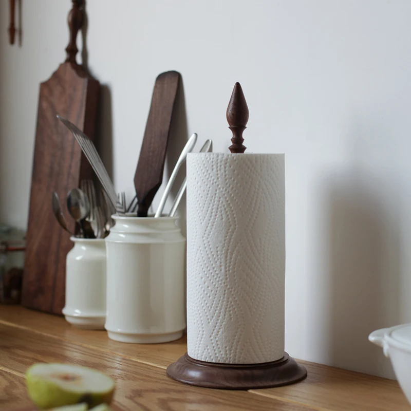

French Retro Medieval Solid Wood Kitchen Tissue Holder Vertical Walnut Paper Holder Roll Holder