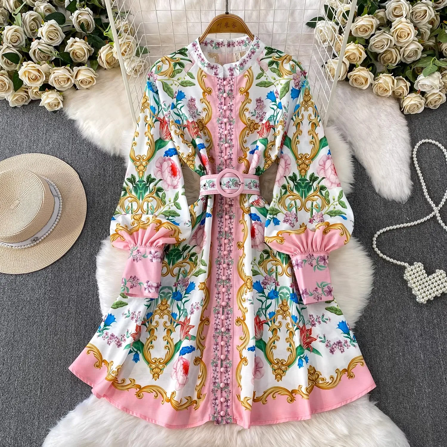 

2026 New Dress Spring Summer Vintage Single Breasted Lady Long Lantern Sleeve Short Dr A-Line Stand Collar Mini Women Dresses Ve