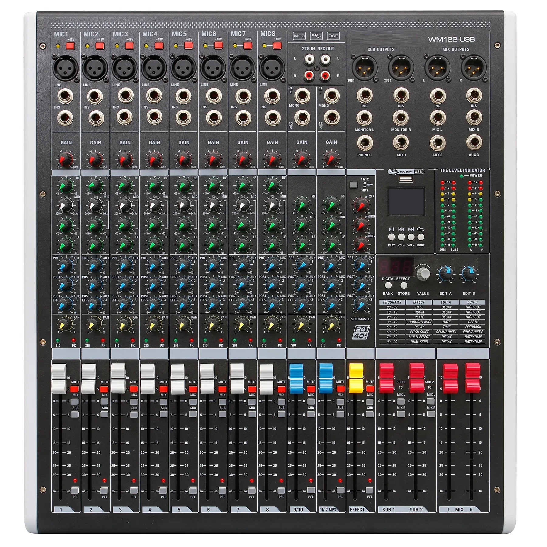 100 dsp effect processor professional digital audio mixer 12 channel for Karaoke audio Mixing system MP3 recording mixer wm122