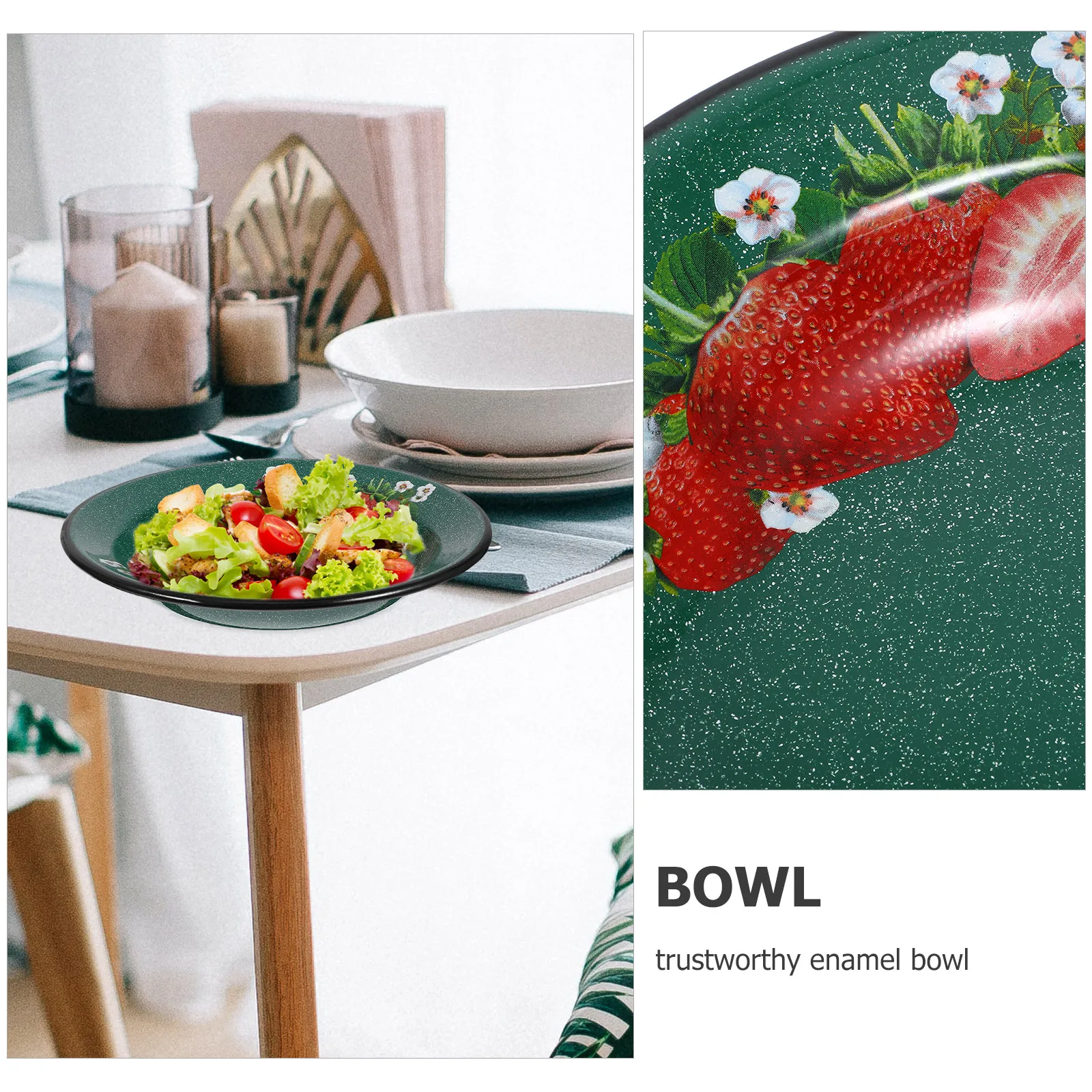 

Vintage Enamel Retro Cereal Soup Bowl With Strawberry Pattern Household Kitchenware Mixing Food Storage Basin Decorative Salad