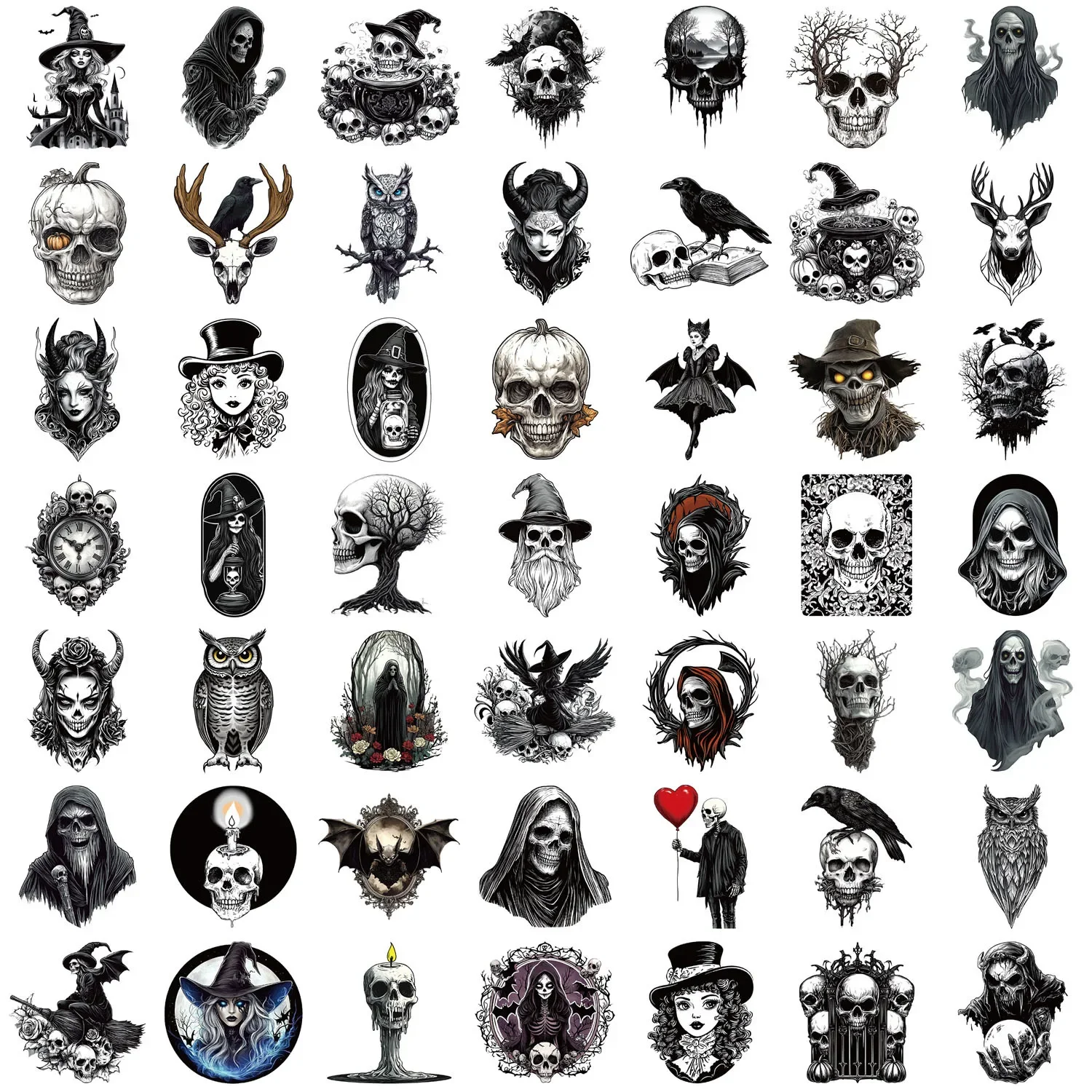 50 Pcs Cartoon Black & White Skeleton Graffiti Stickers Decorate Guitar Notebook Luggage DIY Waterproof Stickers For Gifts