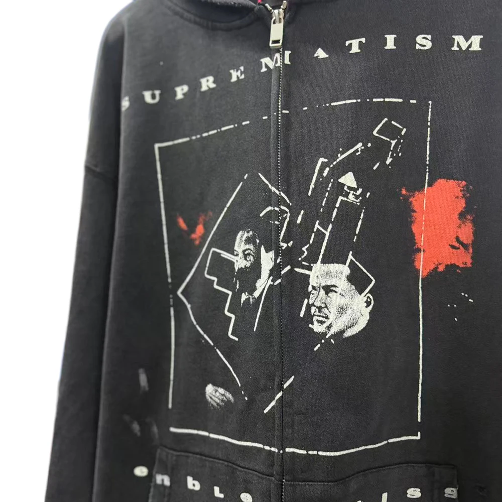 Y2k Subculture Streetwear Zip Up Hoodies Hip Hop Street Style Heavy Weight Cotton Retro Distressed Ripped Casual Zippper Hoodies