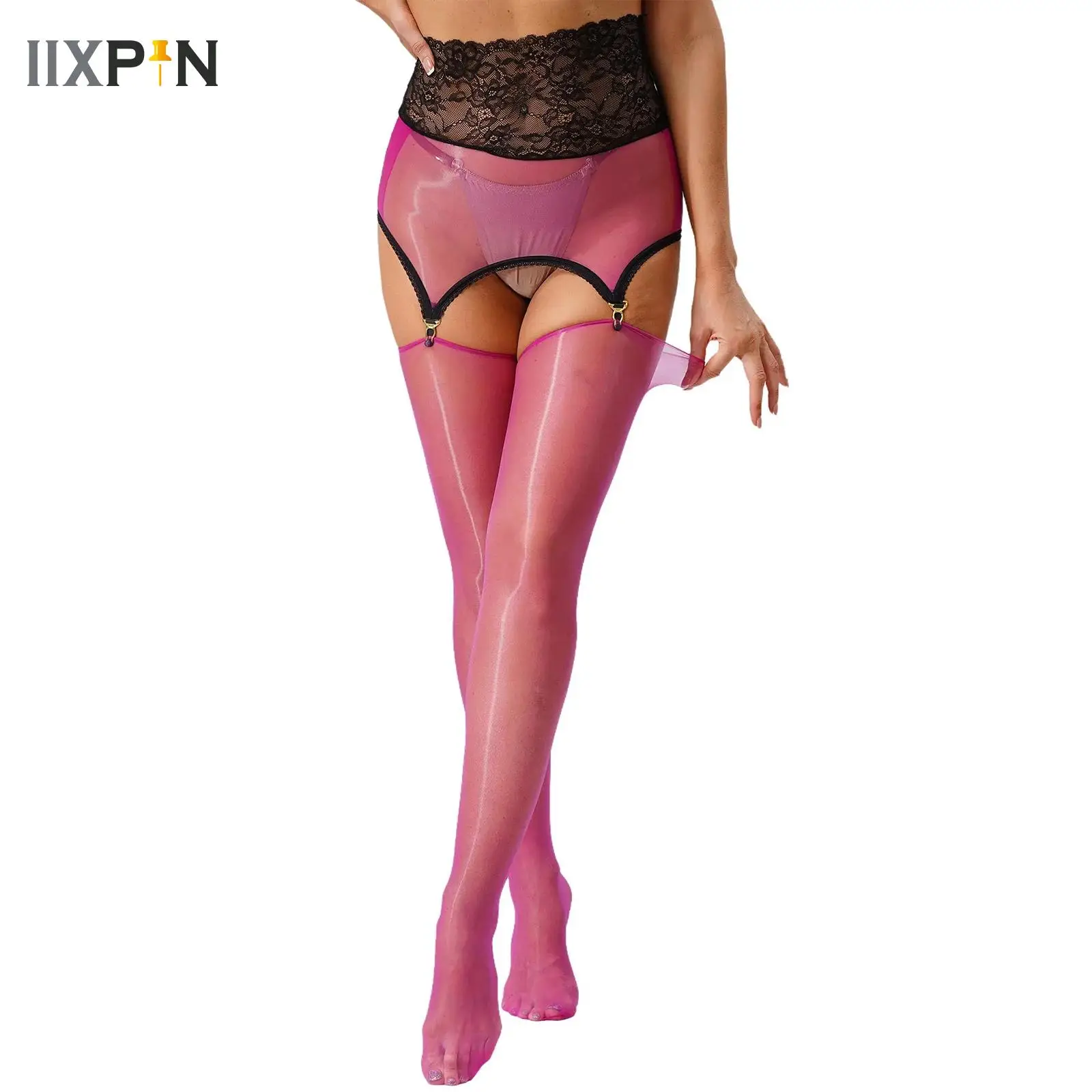 

Womens See Through Garter Stockings Polka Dot/Floral Lace Open Crotch Stretchy Pantyhose Bodystocking Footed Leggings Clubwear