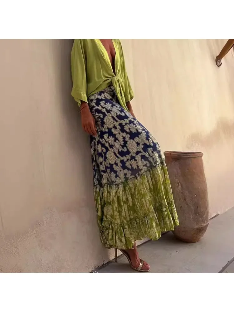 Women Gradient Fashion Half Length Dress INS Casual Loose Vacation Half Length Dress Women\'s Spliced Bohemian Super Long Skirt