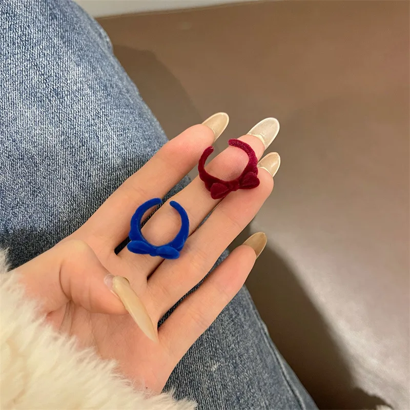 Flocking Velvet Bowknot Finger Ring For Women Vintage Blue/Wine Red/Black Color Open Adjustable Handmade Rings Party Jewelry