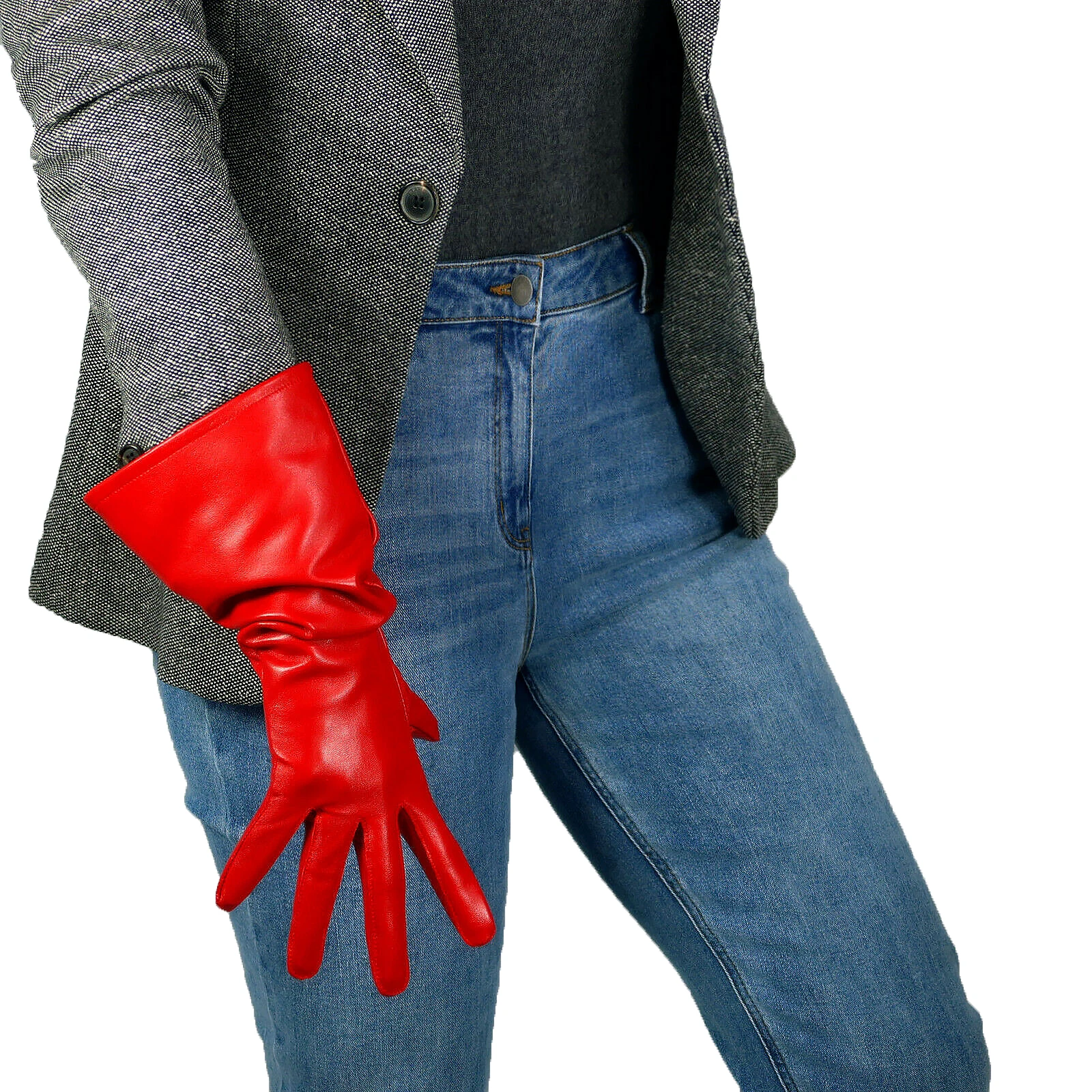 

DooWay Unisex Hot Red Oversize Gloves Puff Sleeves Real Leather Lambskin 38cm Elbow Big Wide Balloon Large for Fashion Evening