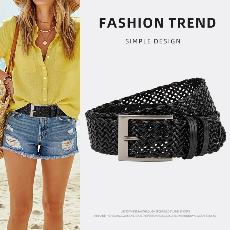 4.5cm Women's Retro Trend No Punching Woven Belt Paired with Jeans, Personalized Niche Fashion Design Decorative Woman Belt