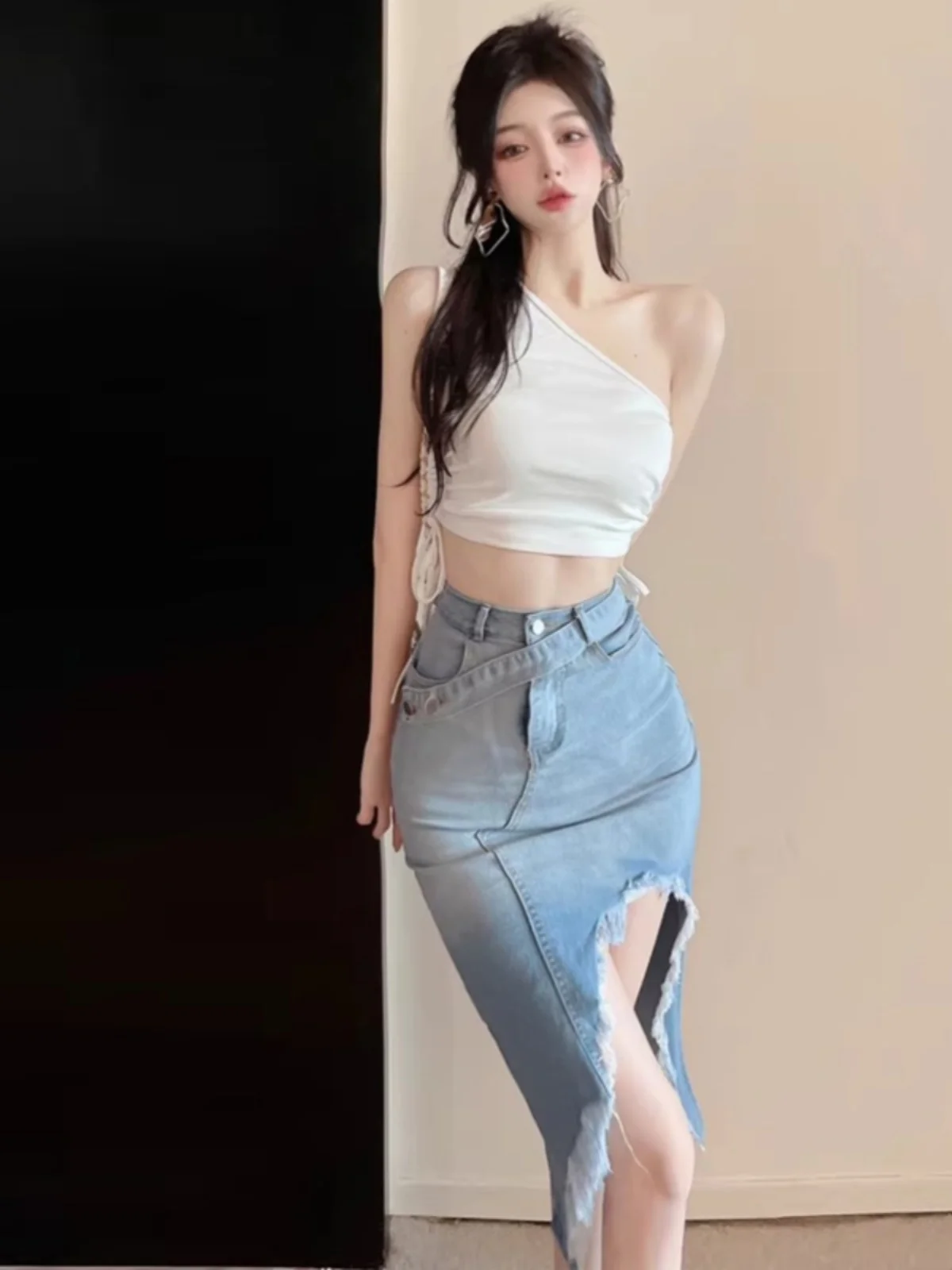 

Faionable Dstring Vest Top And Split Denim Skirt Set by Gege Home Trendy Streetwear for Young Women Ages 8-25