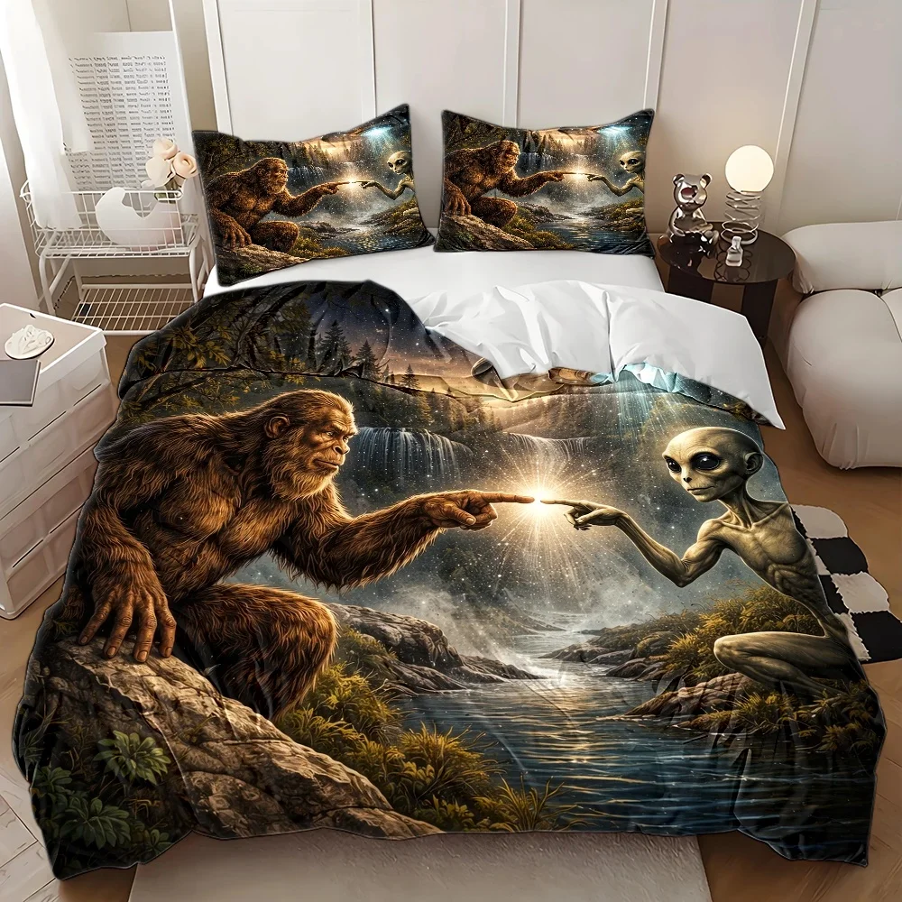 Mysterious Bigfoot Alien Interactive Duvet Cover Set Multi Size Quilt Cover Queen Size Bedroom Bedding Decoration Machine Washable Adult Boy Girl Bedroom