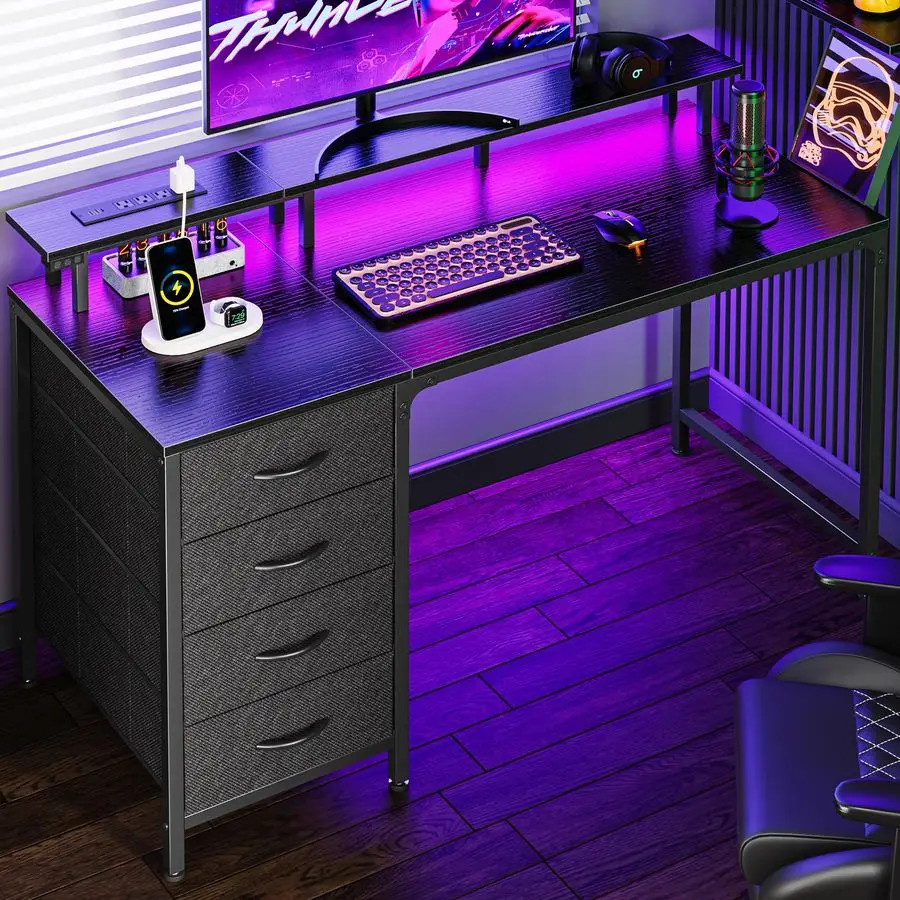 

47 Inch Computer Desk with Power Outlets and LED Lights, Gaming Desk with 4 Drawers, Office Desk with Monitor Stand, Study Work