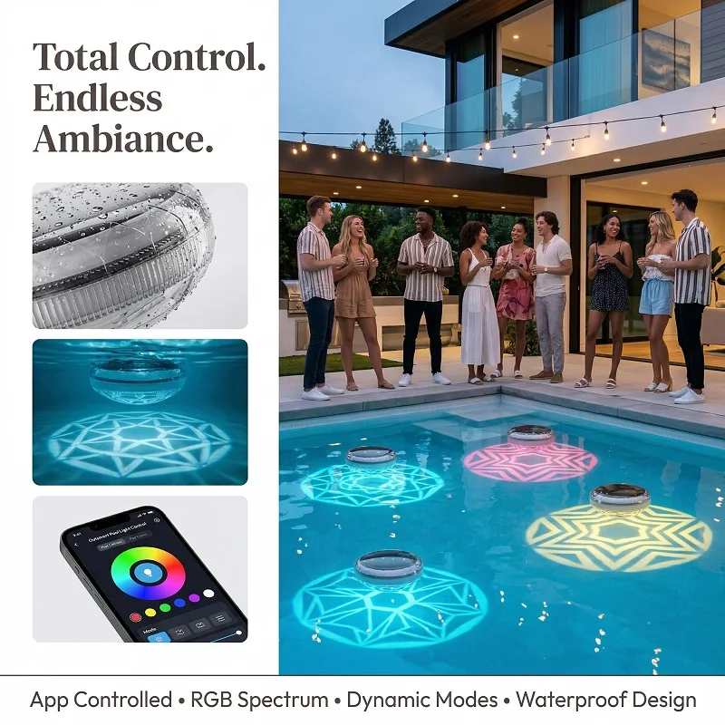 Outdoor LED Solar Pool Lights RGB Spectrum 16 Million Colors Dynamic Modes Solar-charged Waterproof Design Waterproof 3 Timer 9 Lighting Floating Lamp For Garden Pool Party Decoration