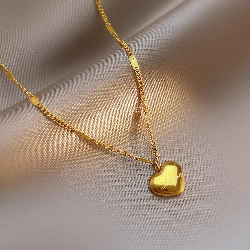 Titanium Heart Necklaces for Women Pendant stainless steel Chain Golden clavicle Link Jewelry cheap items with free shipping