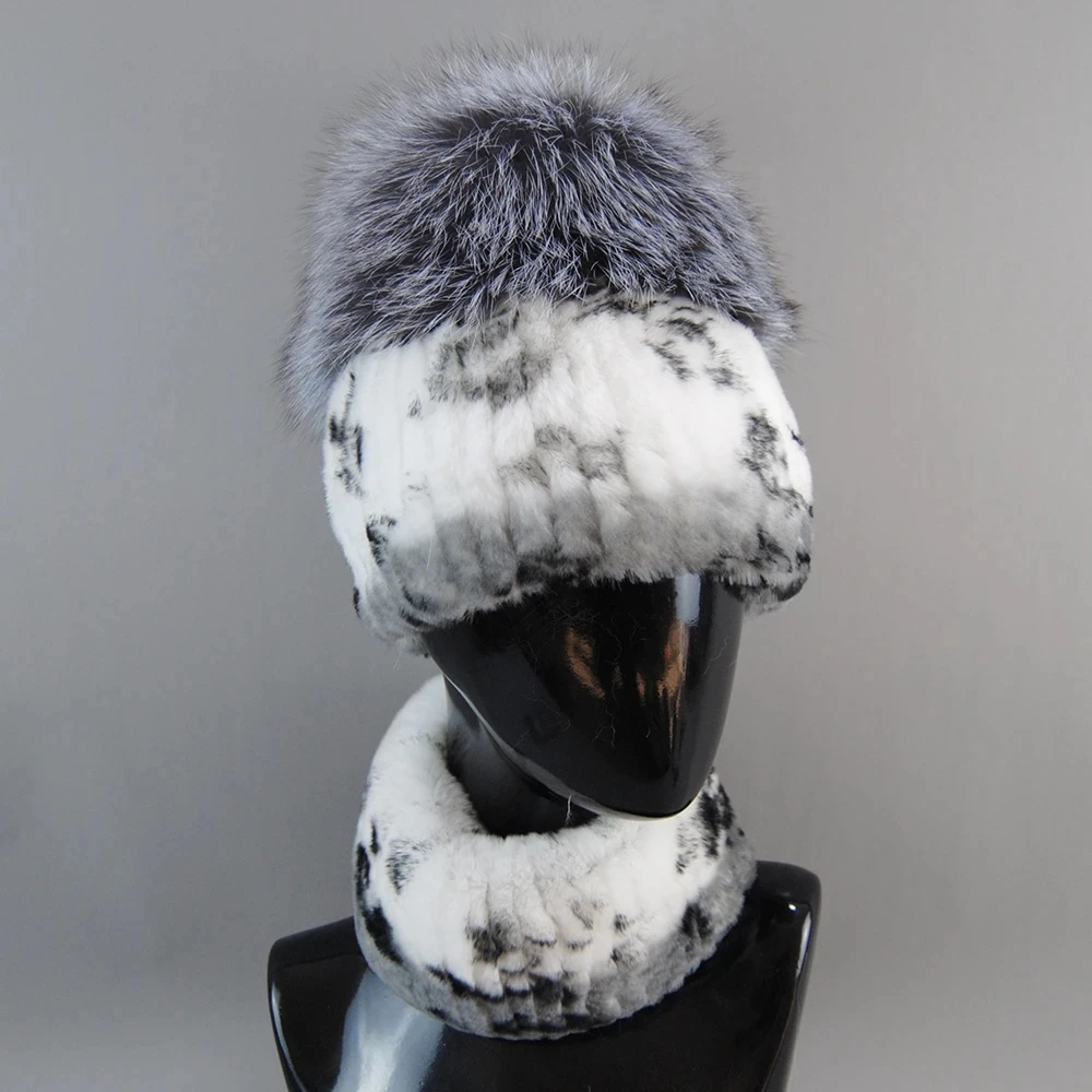 2024 Women Winter Luxury Real Silver Fox Fur Hat Scarf 2 Pieces Knitted Rex Rabbit Fur Hat Top Natural Fox Fur Cap Scarves Sets