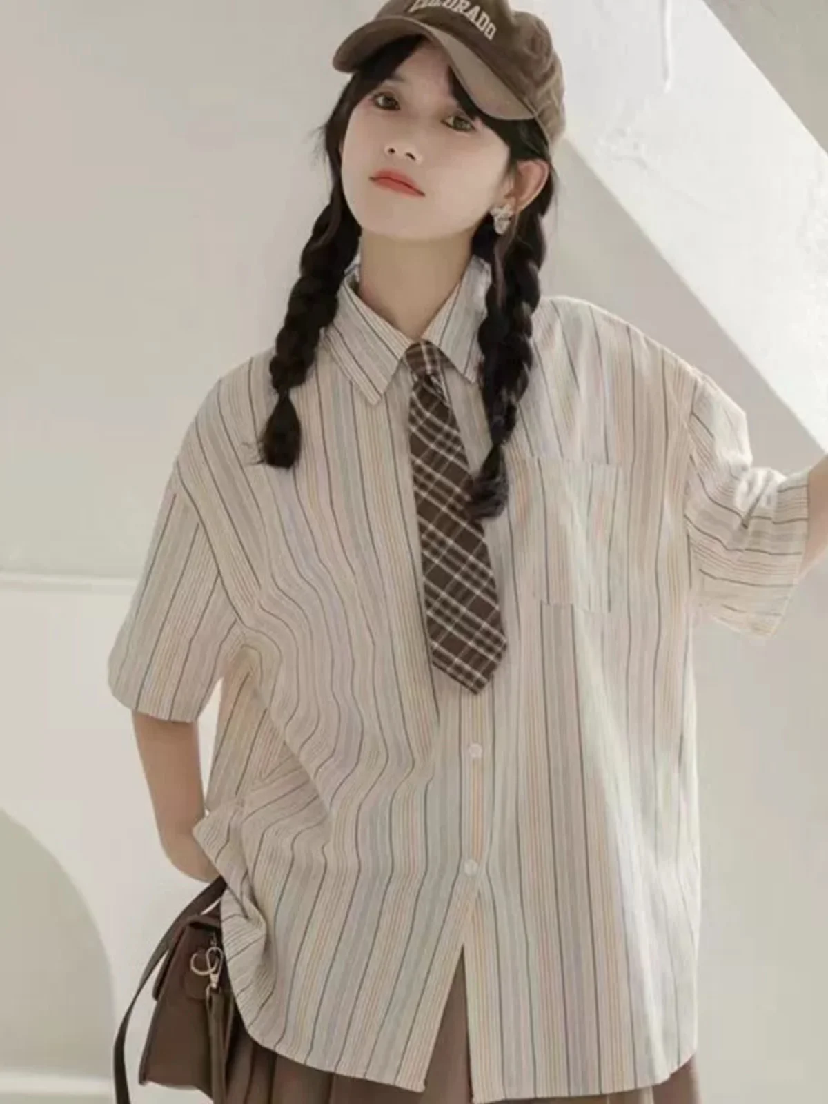 

Slimming Stripe Short Sleeve Shirt Women's Chic Loose Korean Style Retro Summer Collar Tie College Fashion Top