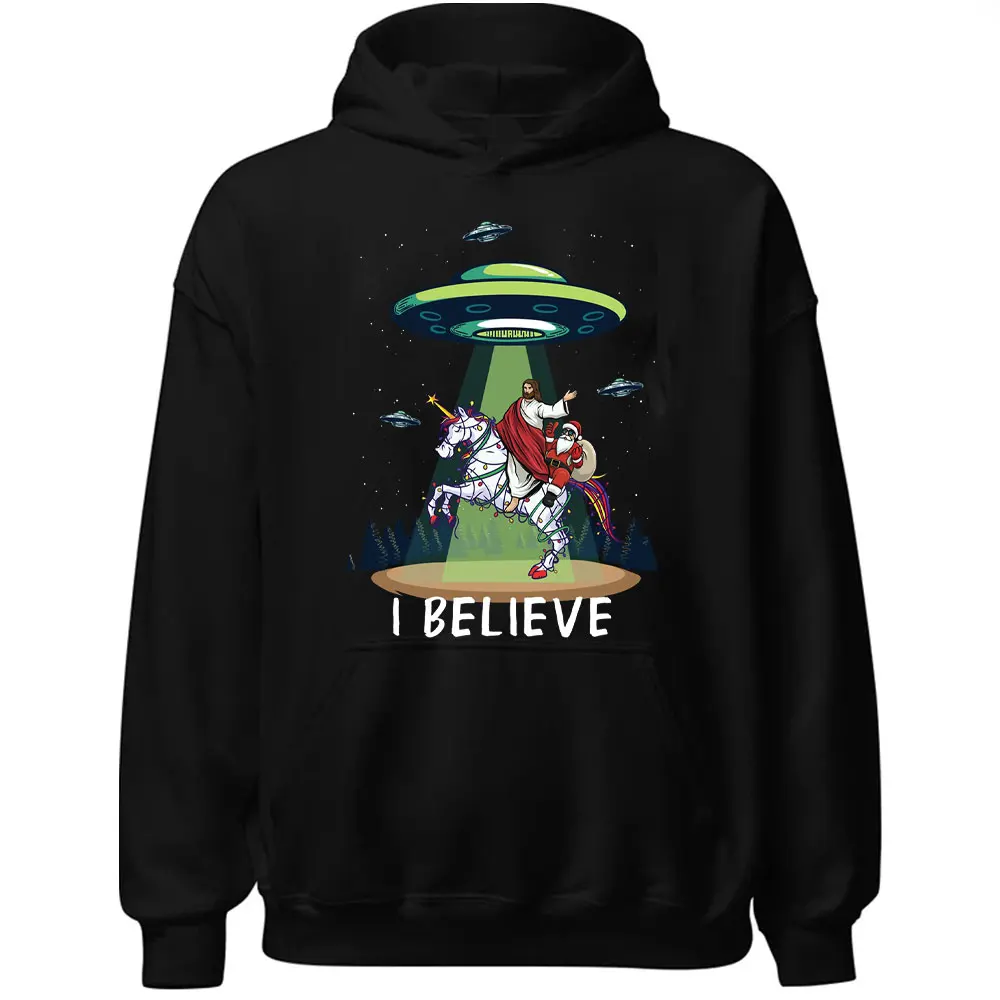 I BELIEVE Jesus and Santa Claus Ride a unicorn Hoodie Men Holiday Party Pullover Autumn Casual Funny Hoodies Tops men women top