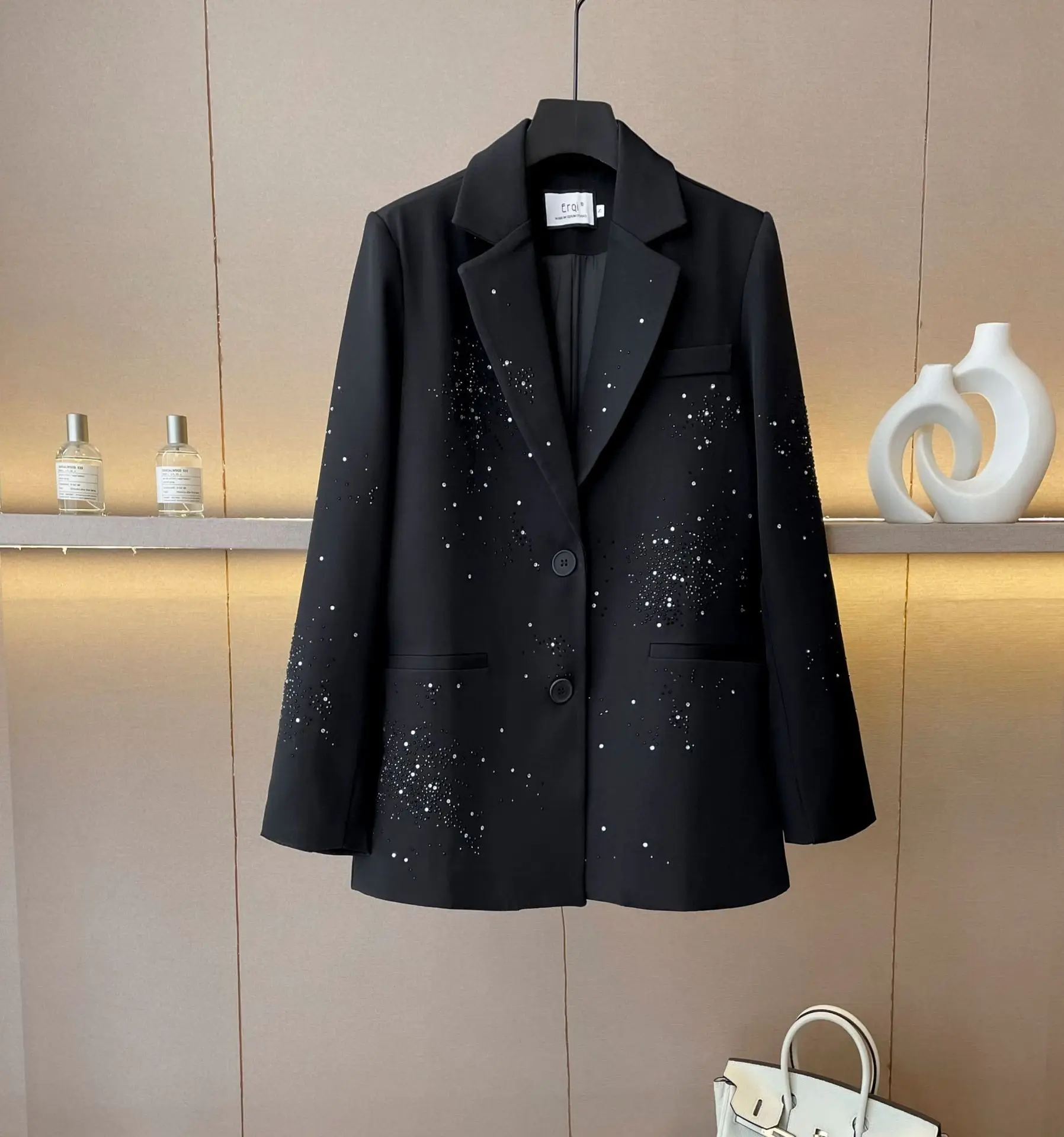 Spring Autumn black Blazer Shiny Silk Loose Diamond Studded Suit Jacket For Women Nail Diamond Waist Cinching Coat