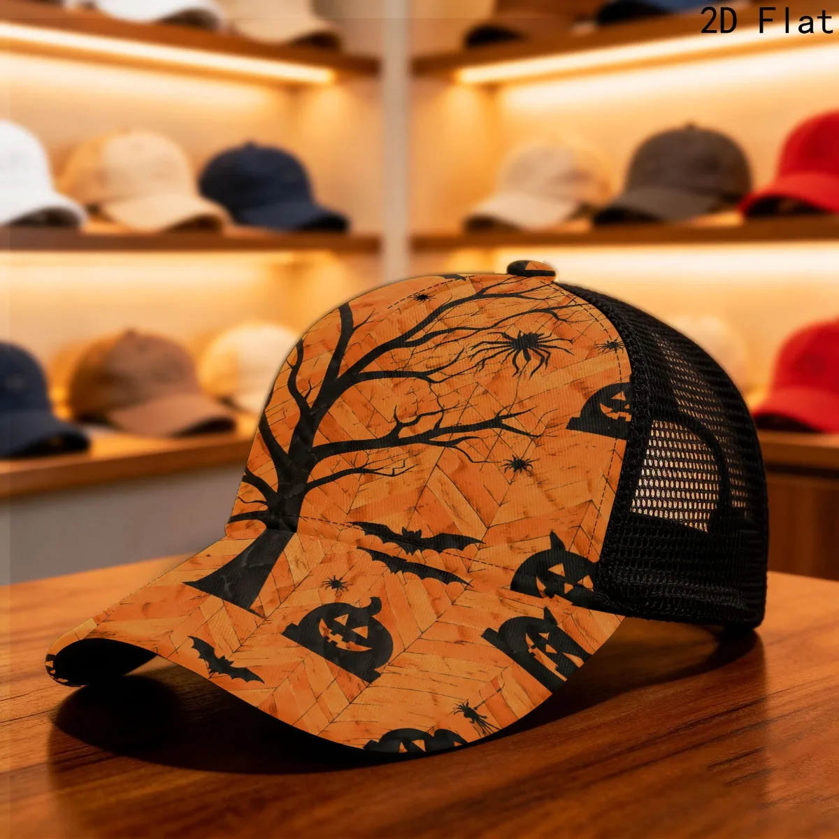 2D Flat Mesh Cap with Black Bat Print - Lightweight Half- Visor Hat, Round Top with Brim, Buckle Closure for Halloween