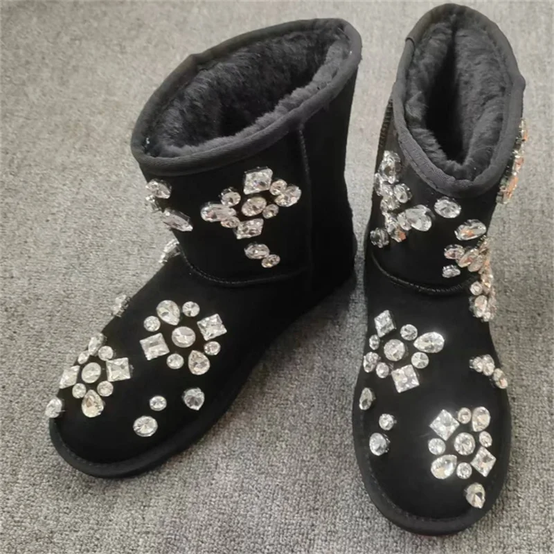 Heavy black rhine-diamond accessories Fur one snow boots custom banquet wedding party large size mid-leg women's boots 35-44