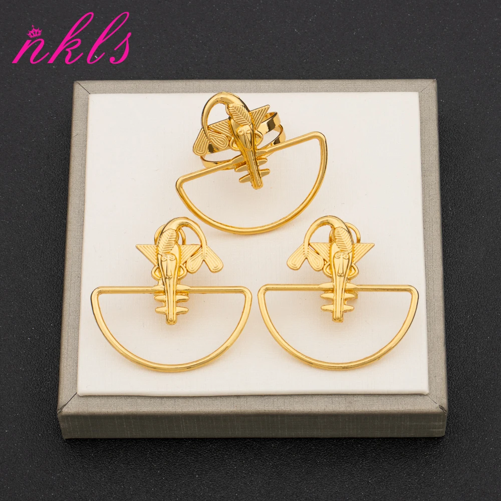 

African Gold Plated Earrings and Ring Big and Light Jewelry Set for Women New Design Clip Earrings Finger Ring Jewellery Gift