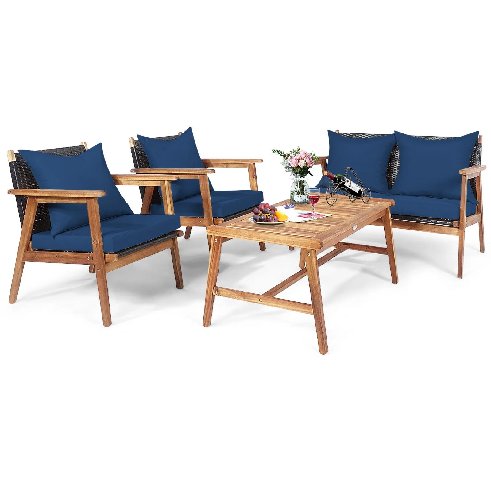 

4PCS Patio Rattan Furniture Set Acacia Wood Frame Cushioned Sofa Chair Navy