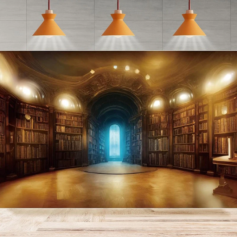 Vintage Wooden Bookshelf Photography Backdrop Retro Bookcase Library Graduation Conference Background Party Backdrop Wall Banner