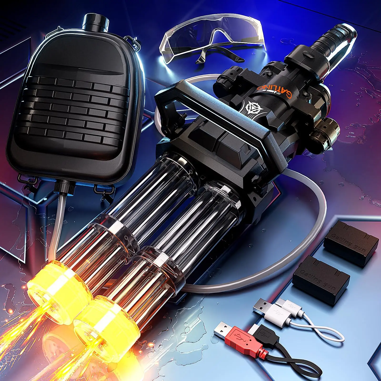 High Pressure Electric Gatling Water Gun Toy Double Batteries With Rotat LED Continuous Fire Outdoor Toys for Kids Boys Adult