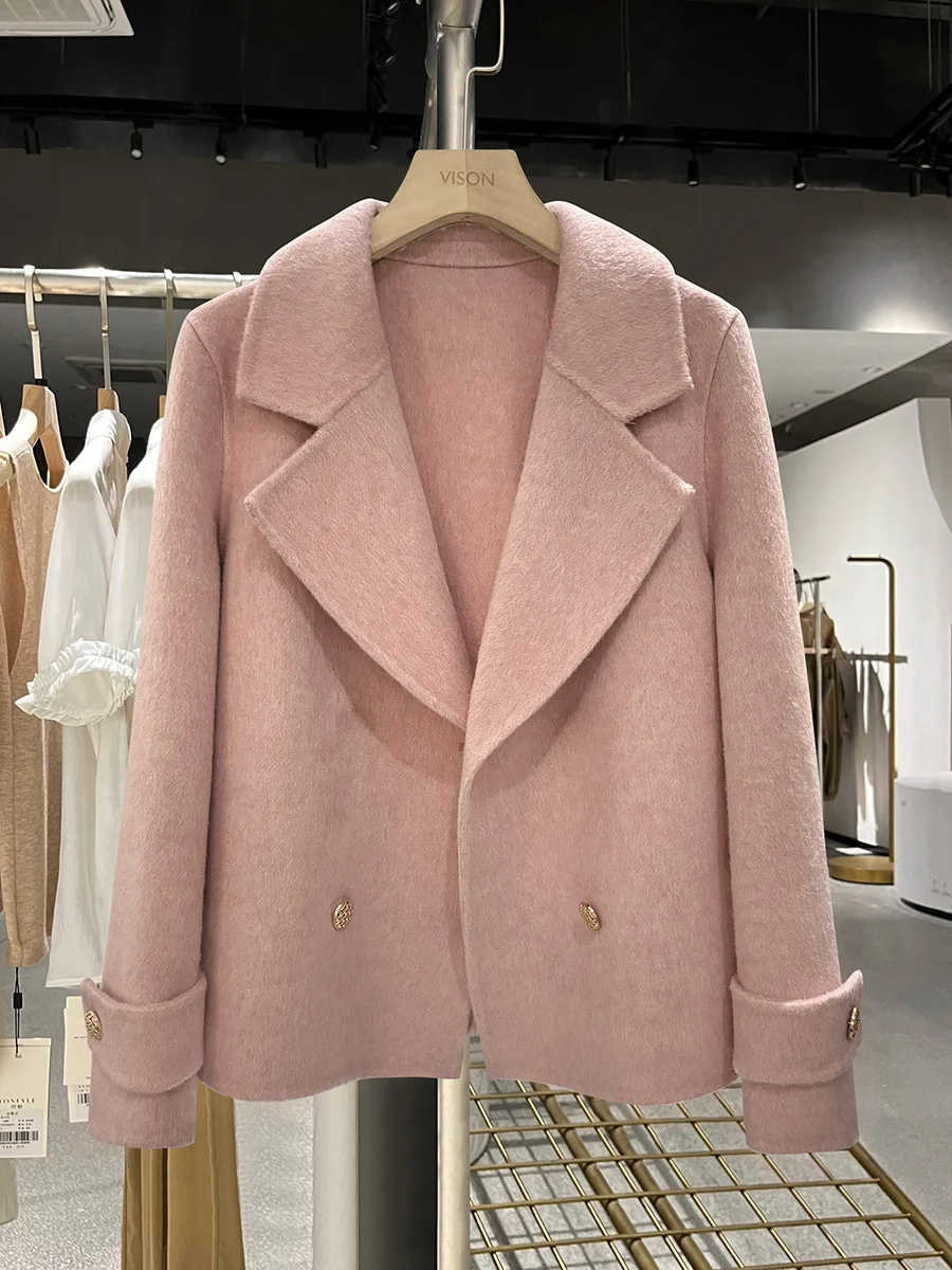 

Pink Double-Faced Woolen ort Coat for Women Versatile Faionable Autumn Winter New Arrival Button Sle Pure Color Youth Size