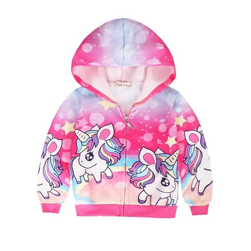 

Girls Cute Cartoon Unicorn Jacket Spring Autumn Thin Baby Zipper Hooded Coat Children All Print Overcoat 3 4 5 6 7 8 Years Old