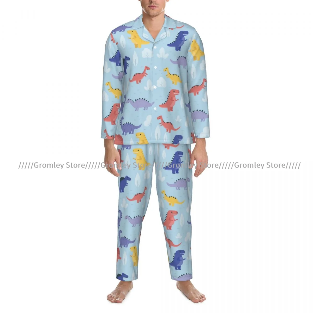 Men Pajama Sets Dinosaur Kids Pattern Sleepwear Long Sleeve Nightwear Male Homewear