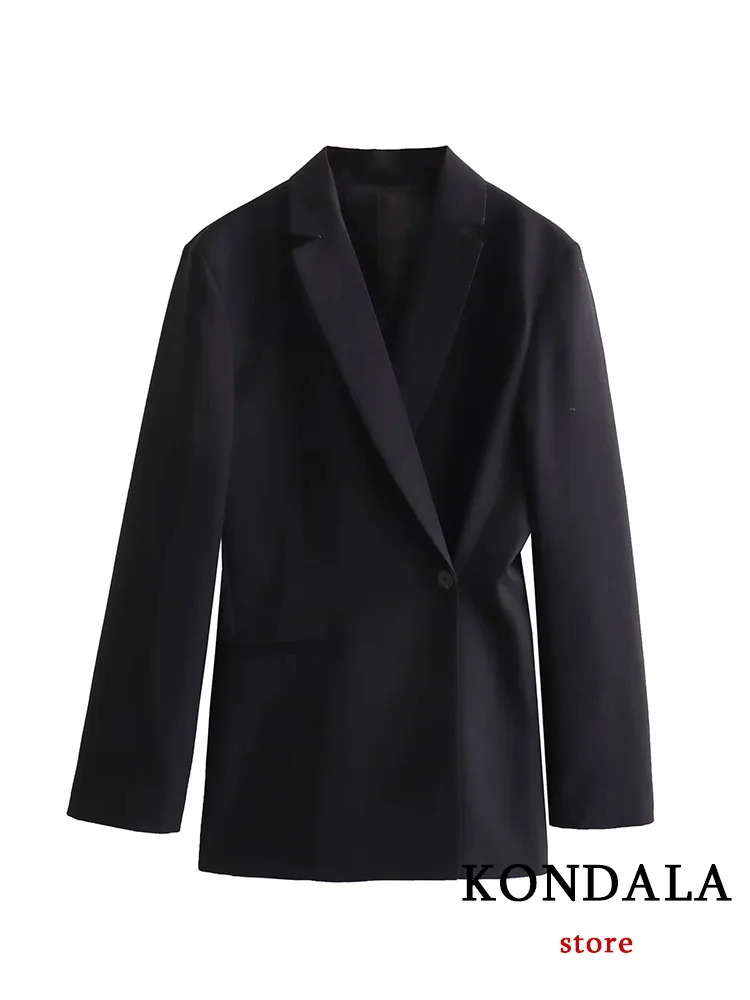 KONDALA Office Lady Women Black Blazer Solid Pockets V Neck Long Sleeve Single Button Blazer Fashion 2023 Autumn Winter Outwears