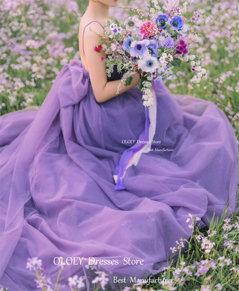 Oloey Elegante Lavendel Tule Lange Galajurken Korea Bruiloft Fotoshoot Spaghettibandjes Dromerige Tuin Backless Strik Avondjurk