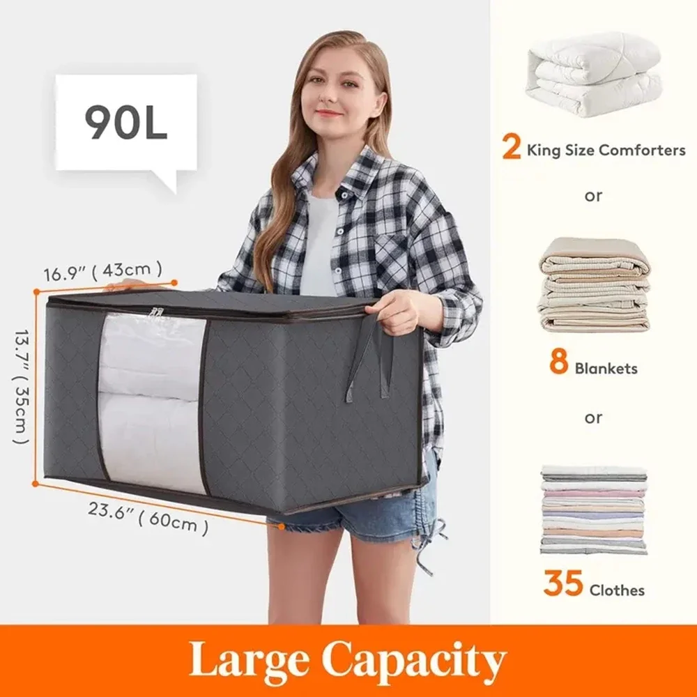 6pcs 90L Large Capacity Clothes Storage Bag Foldable Blanket Storage Containers for Organizing Bedroom Closet