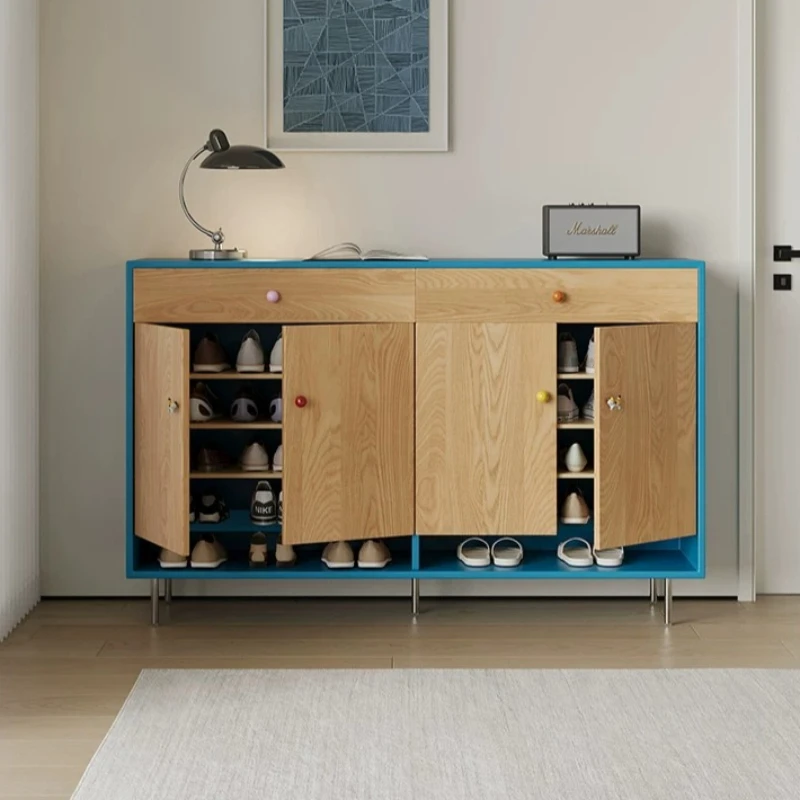 Bauhaus Memphis Entryway Storage Console Unit Two-Tone Shoe Organizer Cabinet Accent Storage Furnish for Home Hall Vestibule