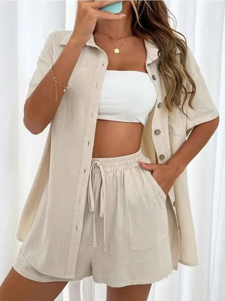 Summer Women\'s Suit Short Sets Outfits Two Pieces Solid Color Shirt Set Button Outfits Loose Fit Short Sleeve Female Clothing