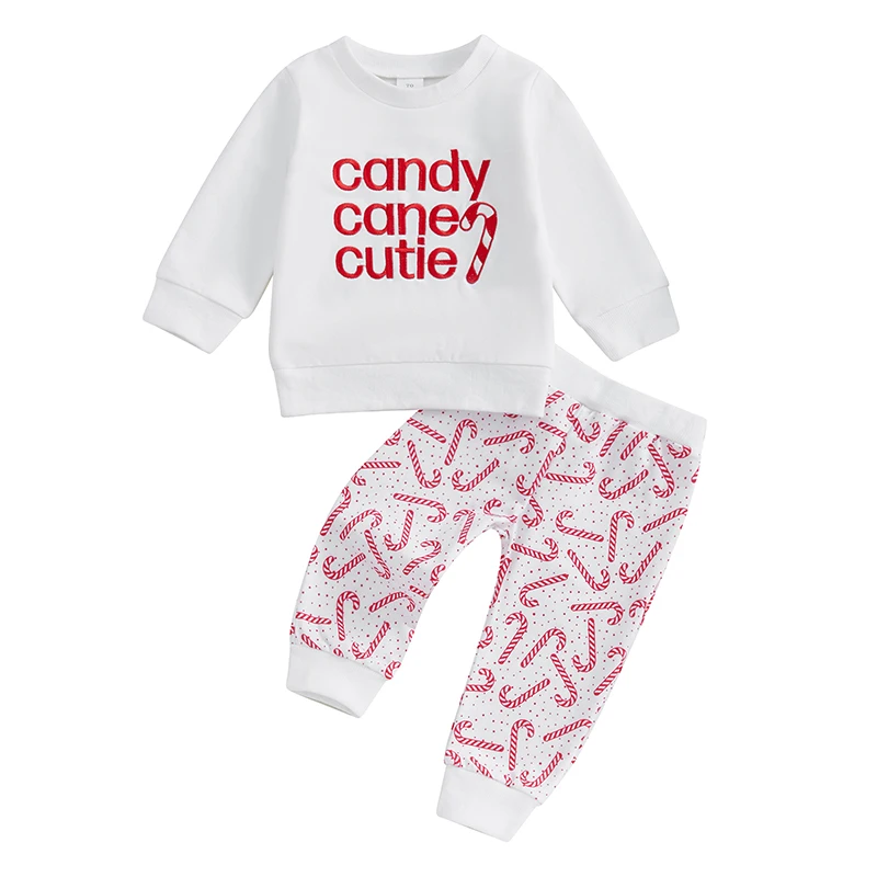 Baby Boy Girl Christmas Outfits, Letter Embroidery Pullover Sweatshirt Candy Cane Print Elastic Waist Pants 2 Piece Set