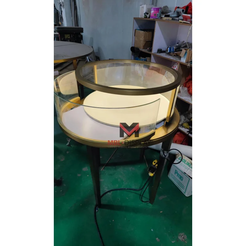 custom.Modern Gold Jewellery Display Counter Showcases Round Glass Display Shelves Display Racks