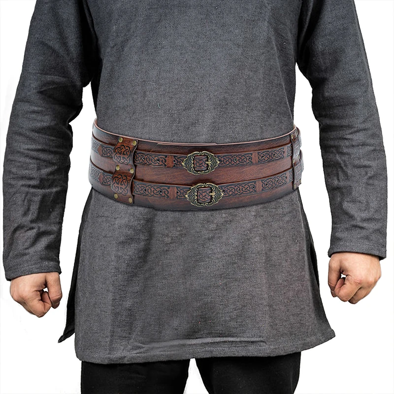 Medieval New Embossed Wide Belt Vegvisir PU Leather European Men's Halloween Cosplay Retro Waistband Knight Style Belt