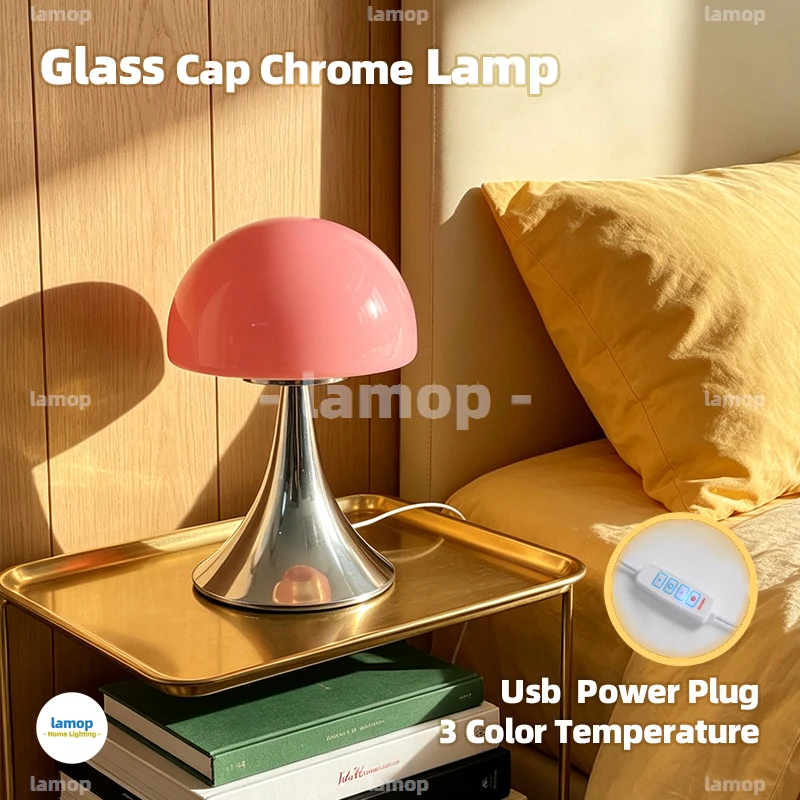 Murano Glass Dome Flare Half Dome Mushroom Table Lamp Polished Chrome Tapered Horn Base 3 Tone Soft Light Retro Collegiate
