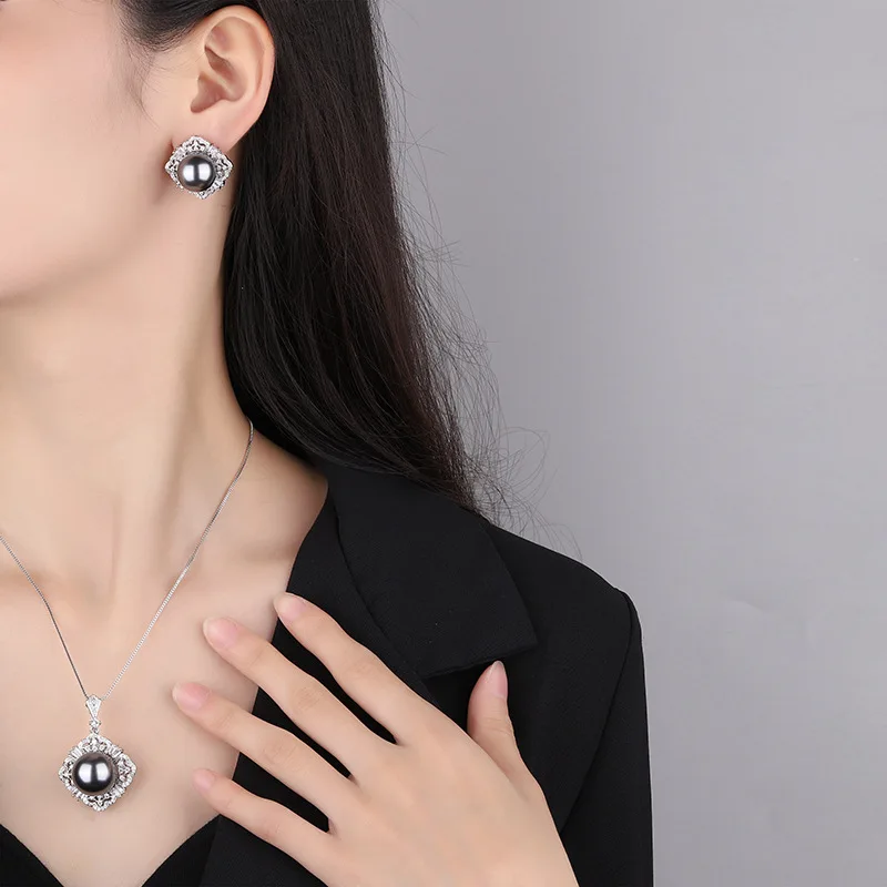 

Grey Pearl Jewelry Set for Women 2pcs Stud Earring Necklace White Gold Plated Fashion Party Accessory Aniversary Gift