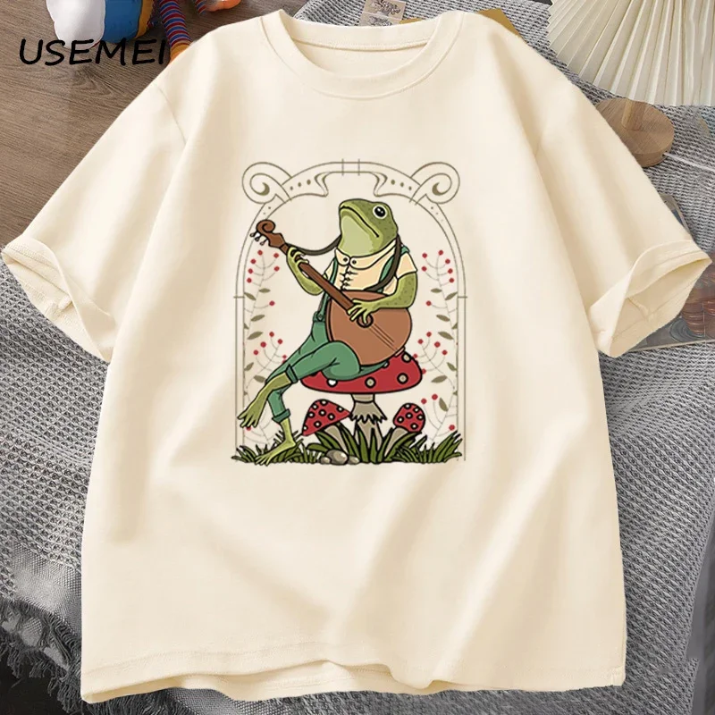 Cute Cottagecore Frog Playing Banjo T Shirts Men Women Cotton Funny Mushroom Naturecore T Shirt Summer Casual Short Sleeve Tees