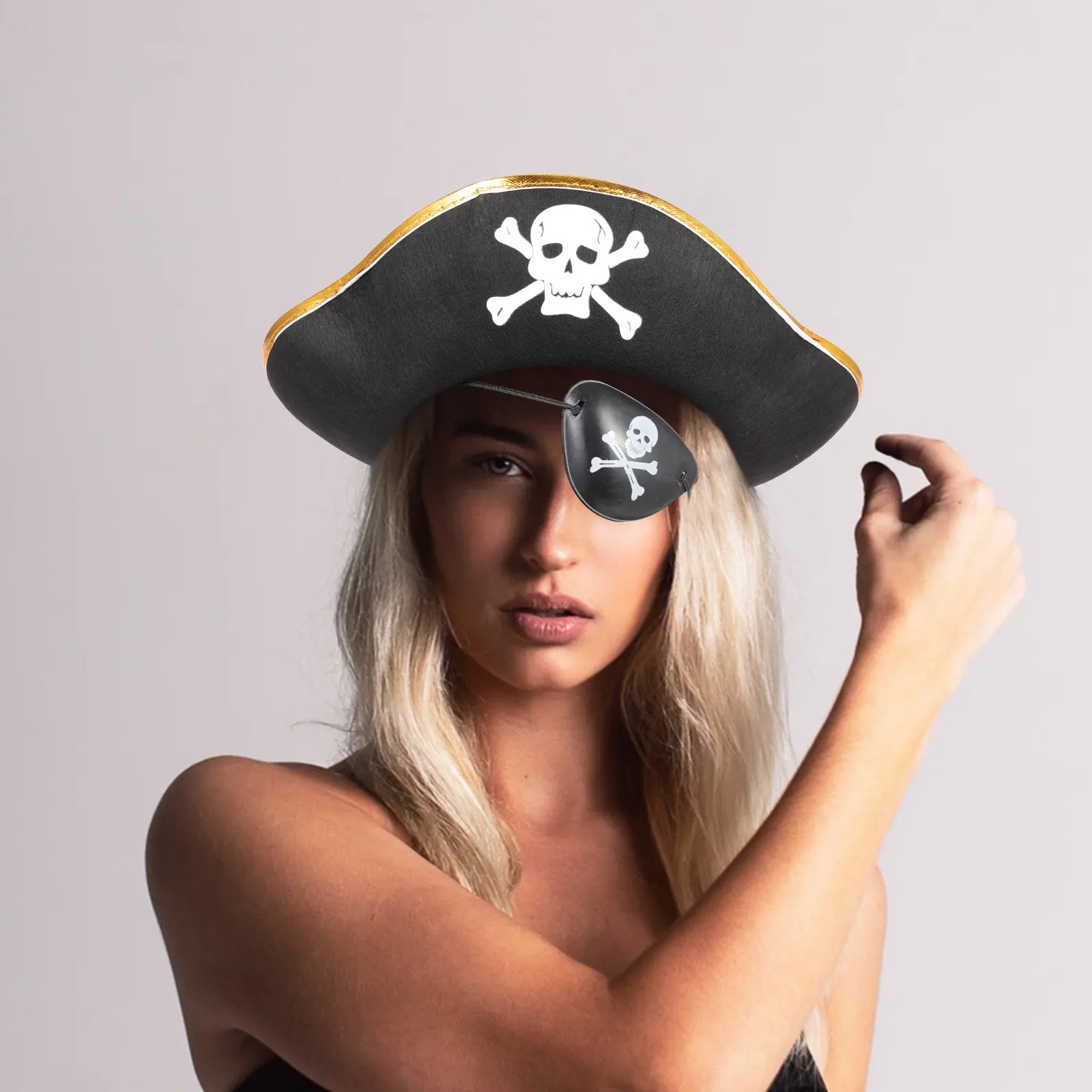 4Pcs Realistic Pirate Hat and Eye Patch Set Skull Design Cosplay Props for Halloween Party Birthday Theater Performance Dress Up