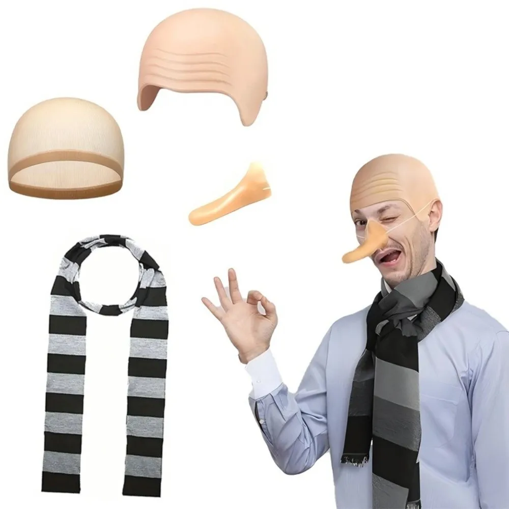 Kits de disfraz de Halloween para adulto, bufanda a rayas negra y gris, nariz falsa, accesorios de disfraz de Halloween, gorro calvo, 4 Uds.