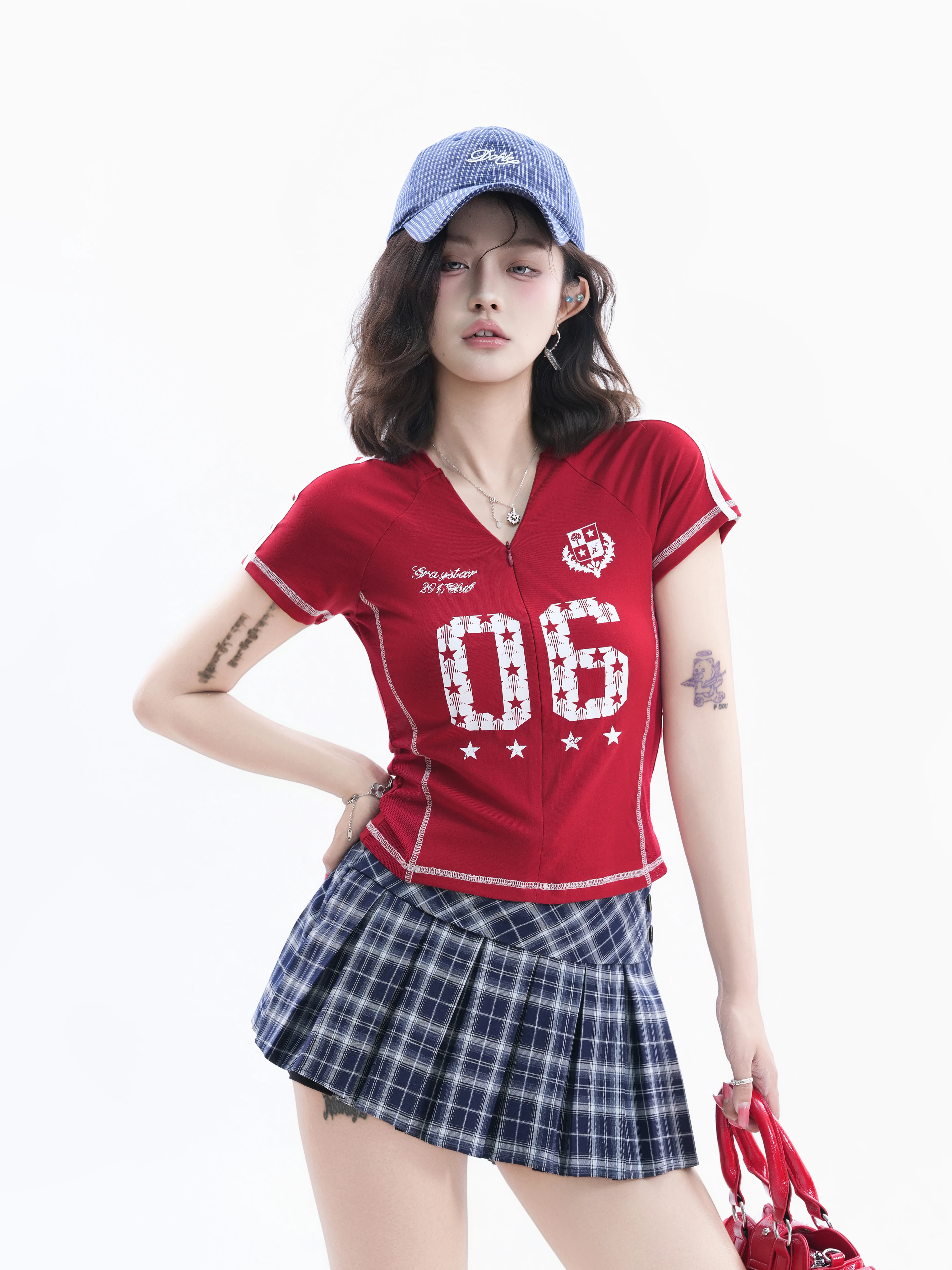 American Campus Style V-Neck Short Sleeve T-Shirt Women Summer Spicy Versatile Sports Digital Print Casual Fashion Top