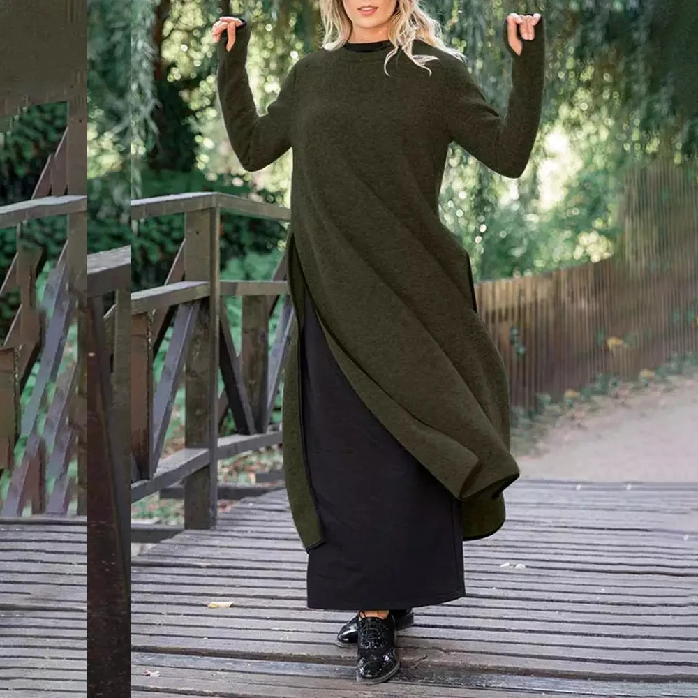 Spring and Winter Warm Women Sweater Dress Elegant Loose Plus Velvet Split O-Neck Contrast Edge Plus Size Pullovers Jumper Dress