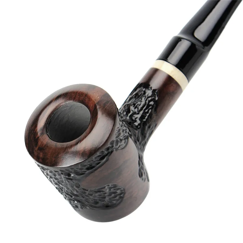 RU MuXiang Carved Ebony Pipe with 10 Piece Clean Set, 9mm Filter Straight Tobacco Pipe, Handmade Black Hammer Pipe Gift for Men