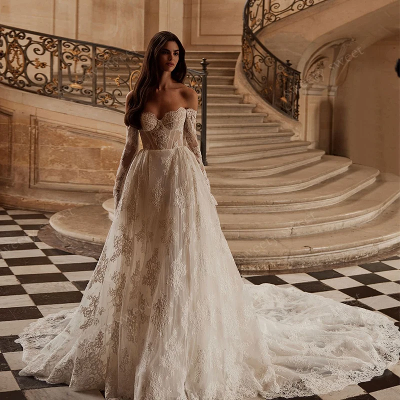 Vintage Wedding Dress Organza With Embroidery Lace A-Line Ballgown Fullsleeve Off The Shoulder Bride Customized Vestido De Novia