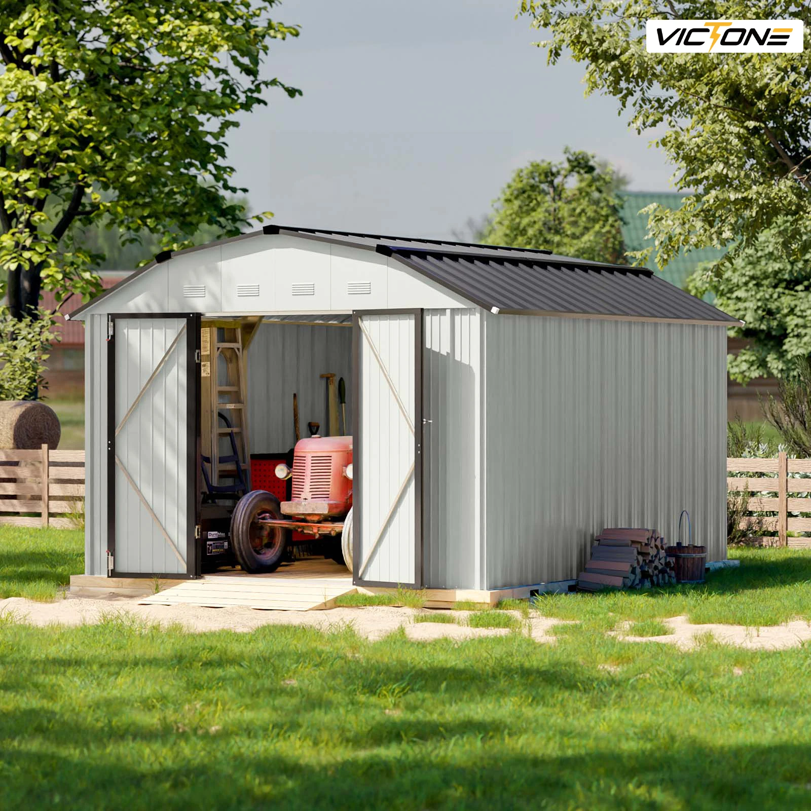 Victone 10'x12' Barn Style Metal Storage Shed for Outdoor, Steel Yard Shed with Design of Lockable Doors, Utility and Tools