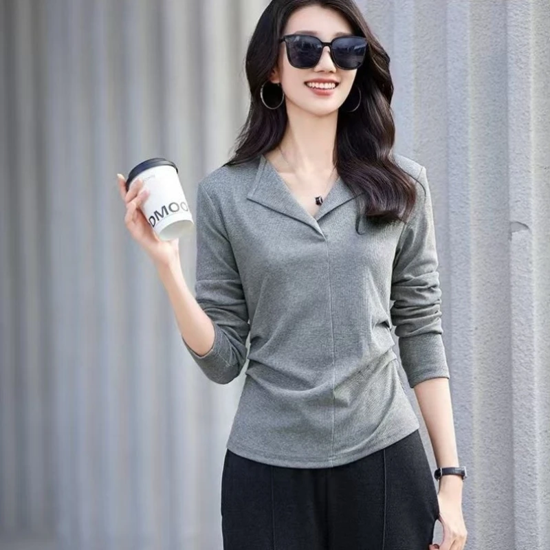 

Женская осенняя футболка-поло с драпировкой на талии, утягивающая, однотонная, оверсайз ​